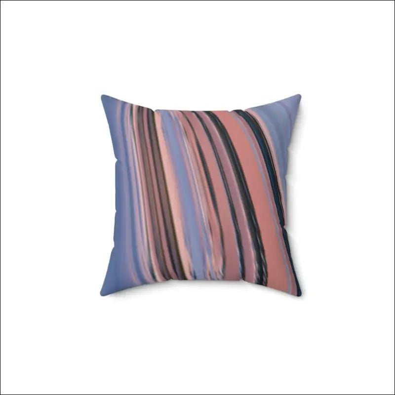 Decorative throw pillow with diagonal pink, purple and black stripes.