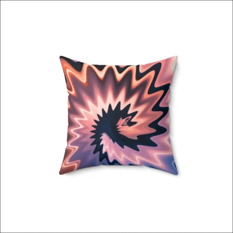 Decorative throw pillow with a spiral tie-dye pattern in pink, black and purple.