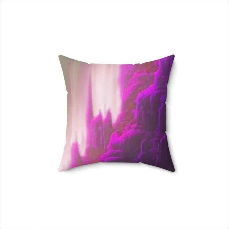 Decorative throw pillow with pink and purple abstract watercolor-style design.