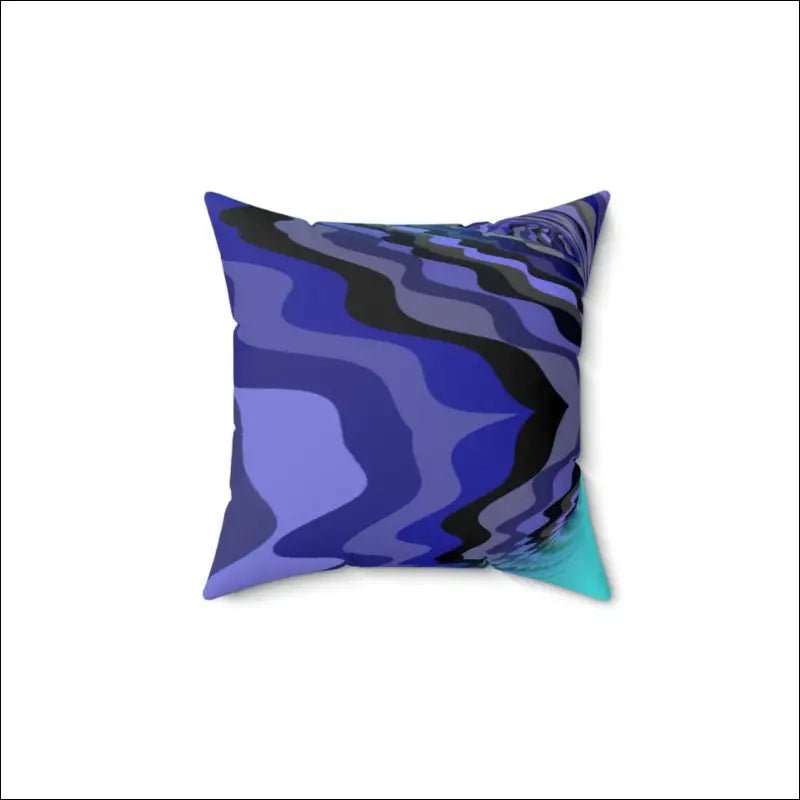 Decorative throw pillow with wavy purple and black pattern and turquoise accent.