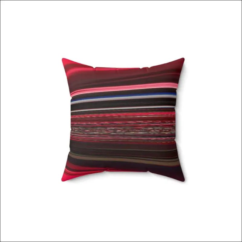 Decorative throw pillow with horizontal red, black and white stripes.