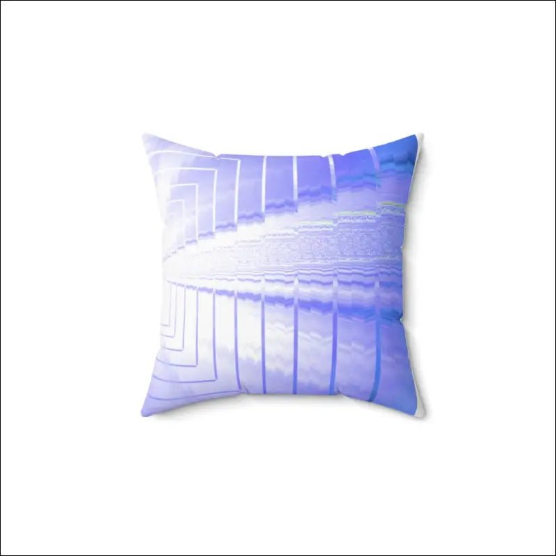 Decorative throw pillow with geometric white lines on a lavender-blue background.