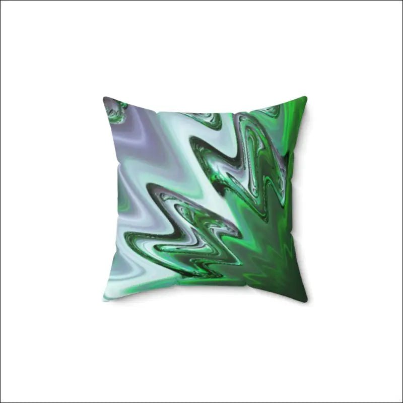 Decorative throw pillow with wavy green and white abstract pattern.