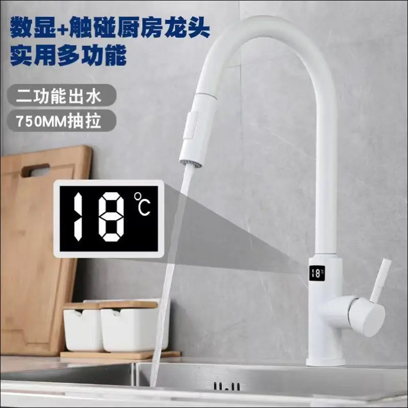 12 -Smart Touch Kitchen Faucet Stainless Steel Digital Display. Pull-out Universal - Handmade White Smart Hot And Cold