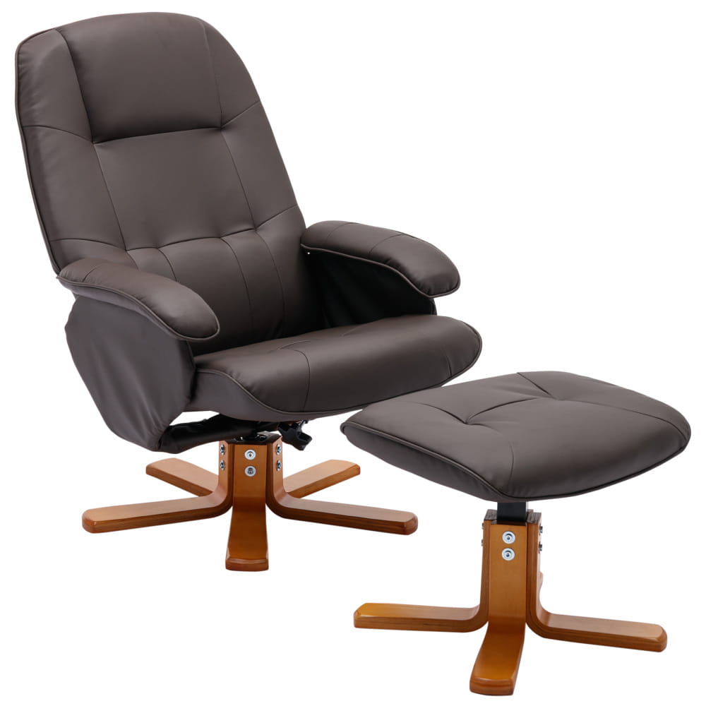 Leather recliner chair with footstool on wooden swivel base for living room from MacArthur’s Merch.