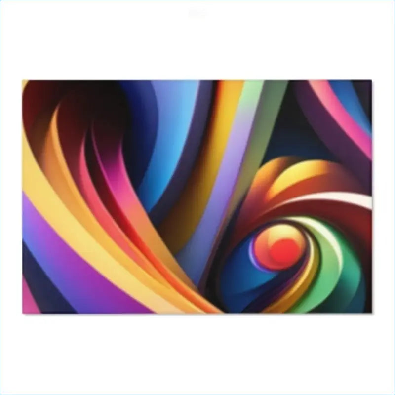 Swirling abstract pattern of vibrant, curved color bands with a red circular element.