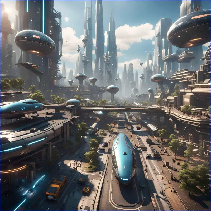 Futuristic cityscape with towering skyscrapers and flying vehicles.