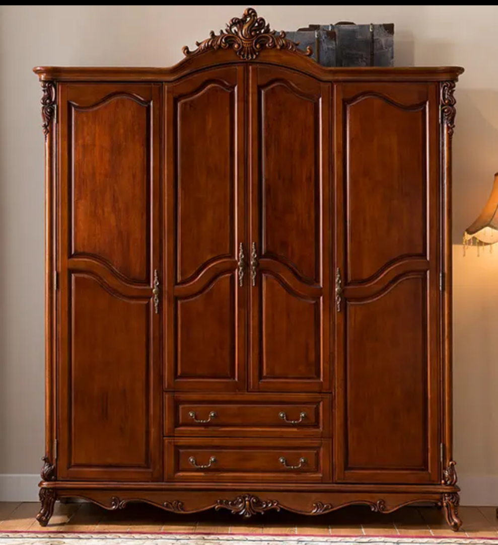 4 door 2 drawer American styled Armoire. Hand carved with 7 coats of Eco-friendly hand layered stain. - Handmade Ornate