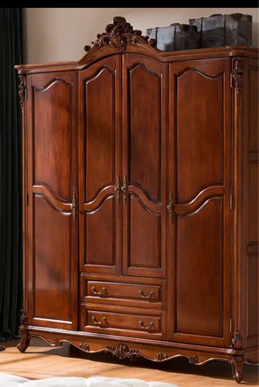 4 door 2 drawer American styled Armoire. Hand carved with 7 coats of Eco-friendly hand layered stain. - Handmade Ornate