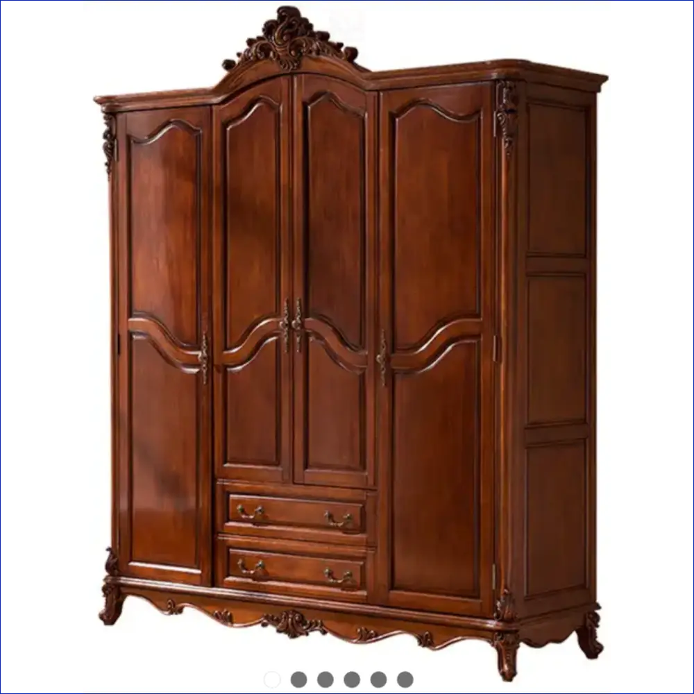 Ornate wooden armoire with carved details, four doors, and two drawers in a rich brown finish.