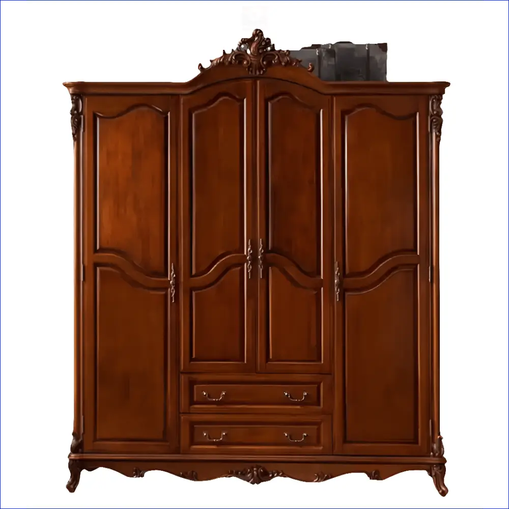 Ornate wooden armoire with carved details, four doors, and two drawers.