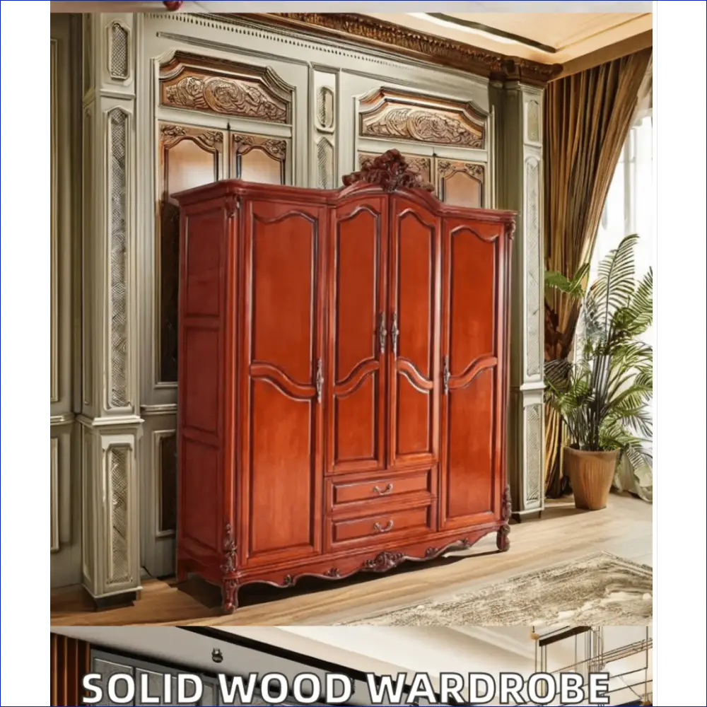 Ornate red-stained wooden wardrobe with carved details and four doors.