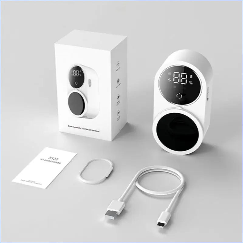 Sleek white smart speaker with a digital display and circular design.