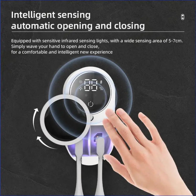 Intelligent sensing device with automatic opening and closing functionality, featuring a circular display and infrared sensors.