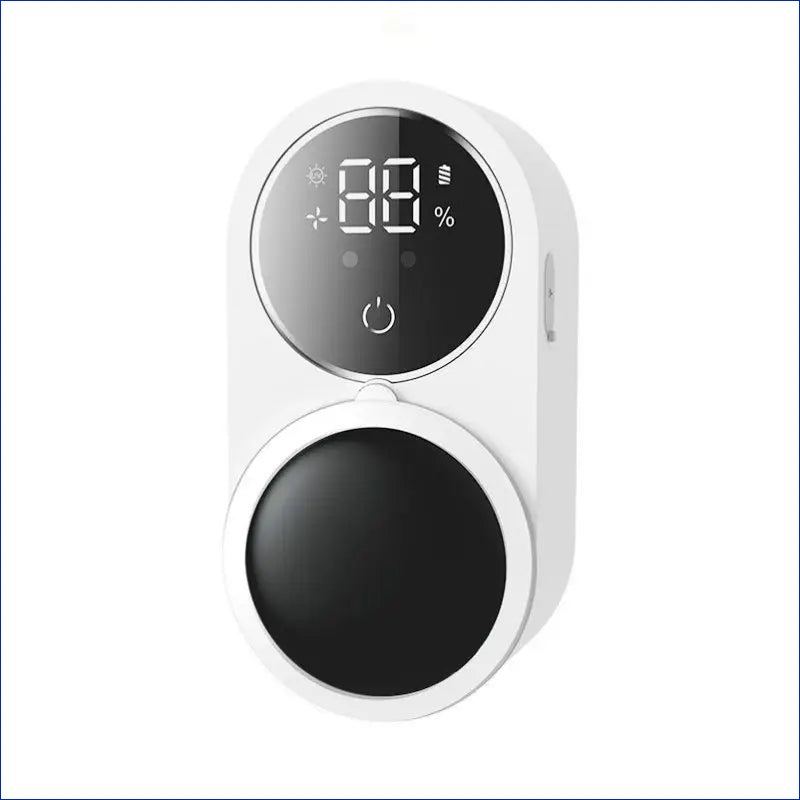 Sleek white electronic device with a circular display showing battery percentage and a power button.