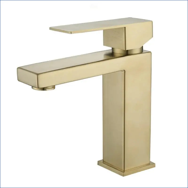 Modern brushed gold bathroom faucet with a square base and angular spout.