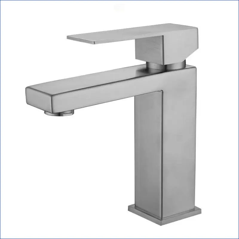 Modern stainless steel bathroom faucet with a square base and angular design.