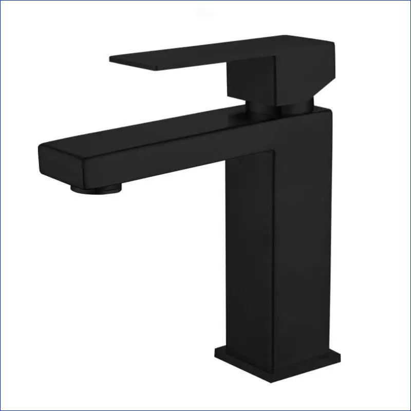 Matte black modern bathroom faucet with a square base and angular spout.