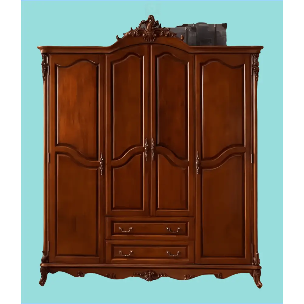 Ornate wooden wardrobe with carved details, four doors, and two drawers.