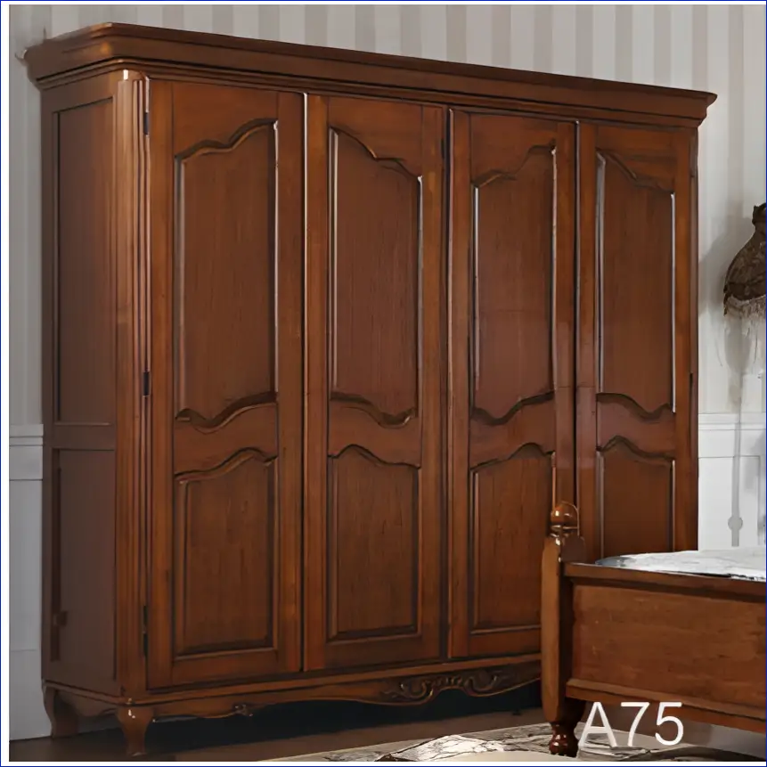 Traditional wooden wardrobe with four carved panel doors in a rich brown finish.