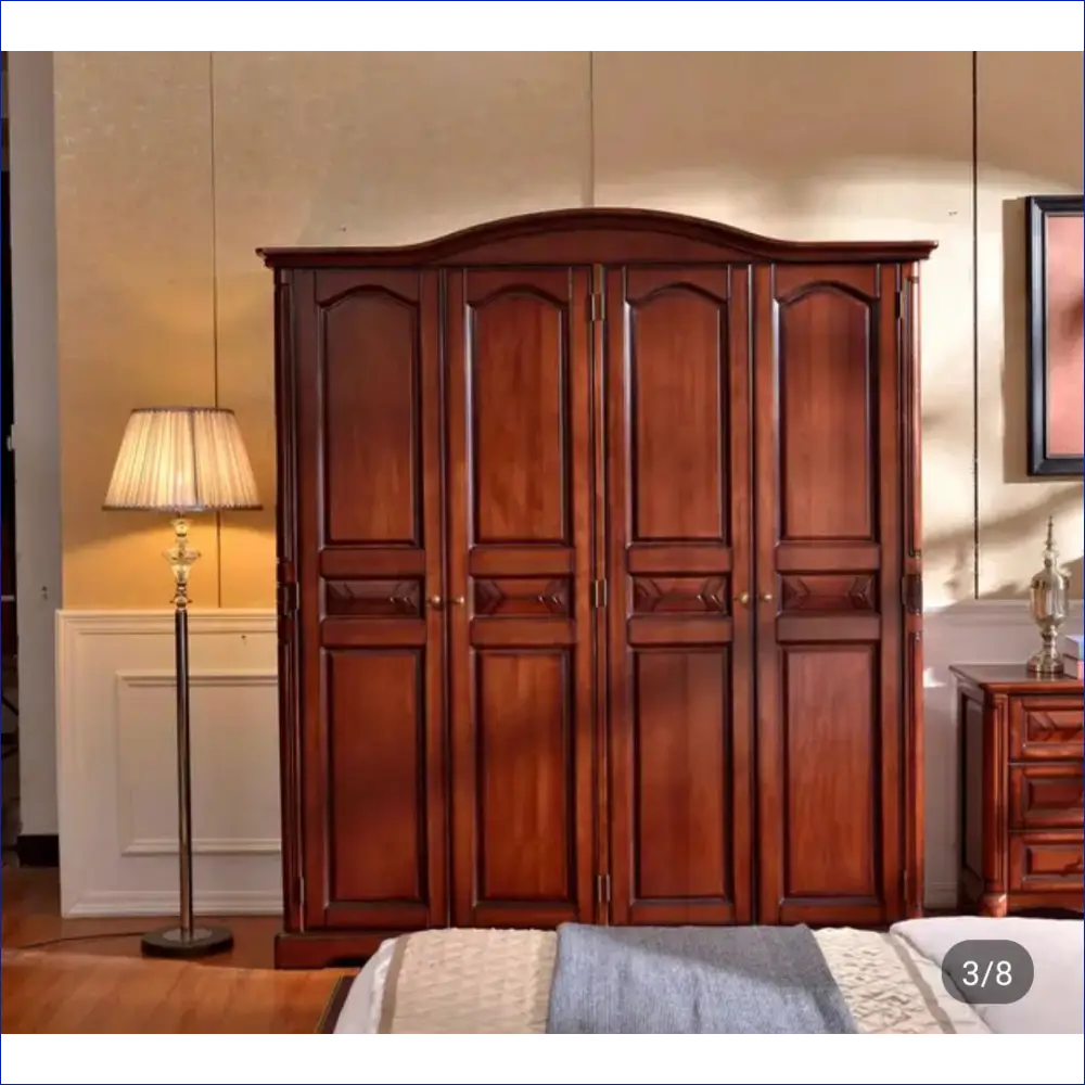 Four-door wooden wardrobe with arched panels in a rich brown finish.