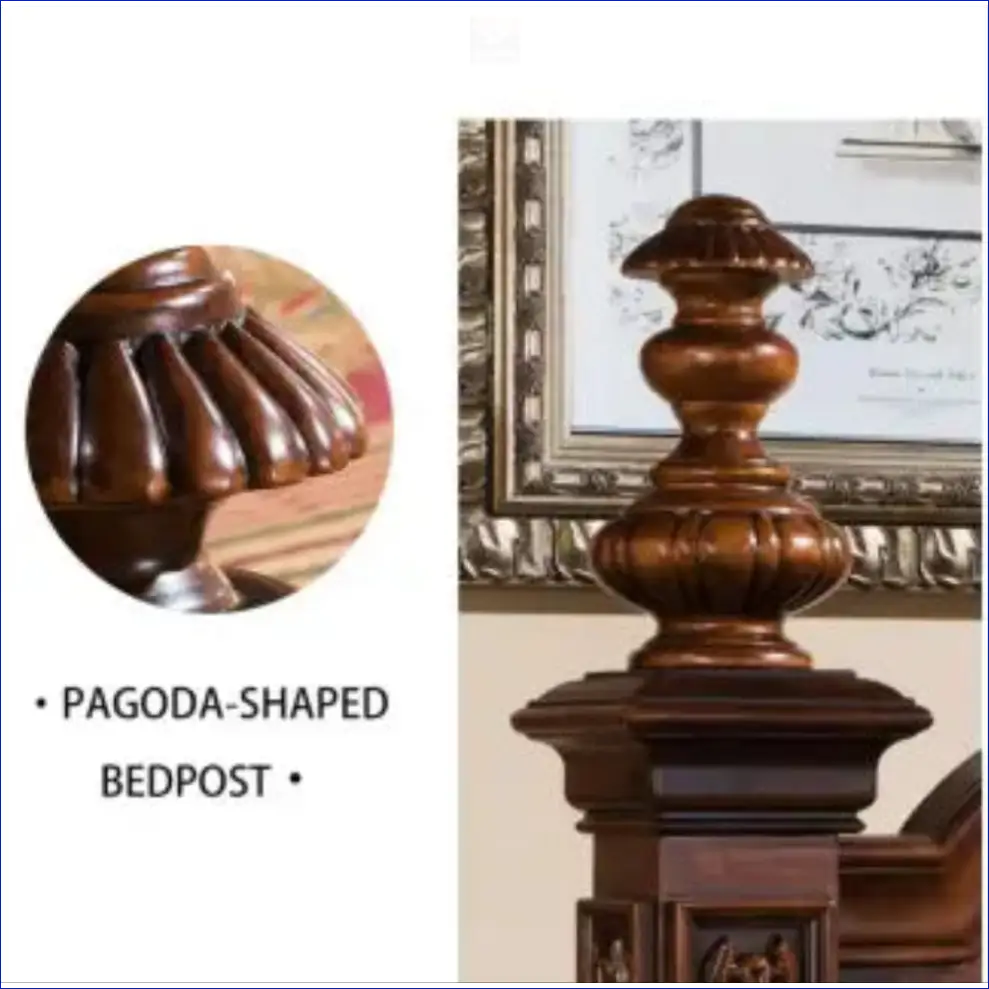 Ornate wooden bedpost with a pagoda-shaped finial and decorative turned details.