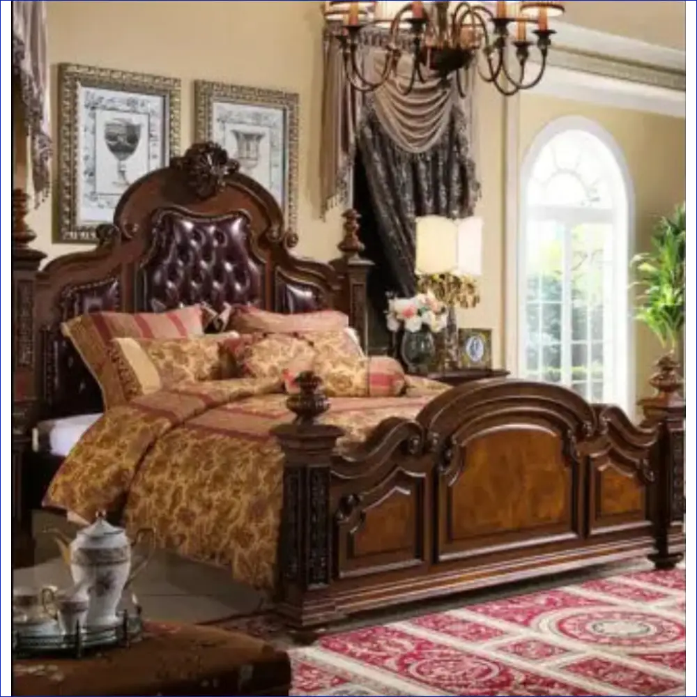 Ornate wooden bed with a tufted leather headboard and intricate carvings.