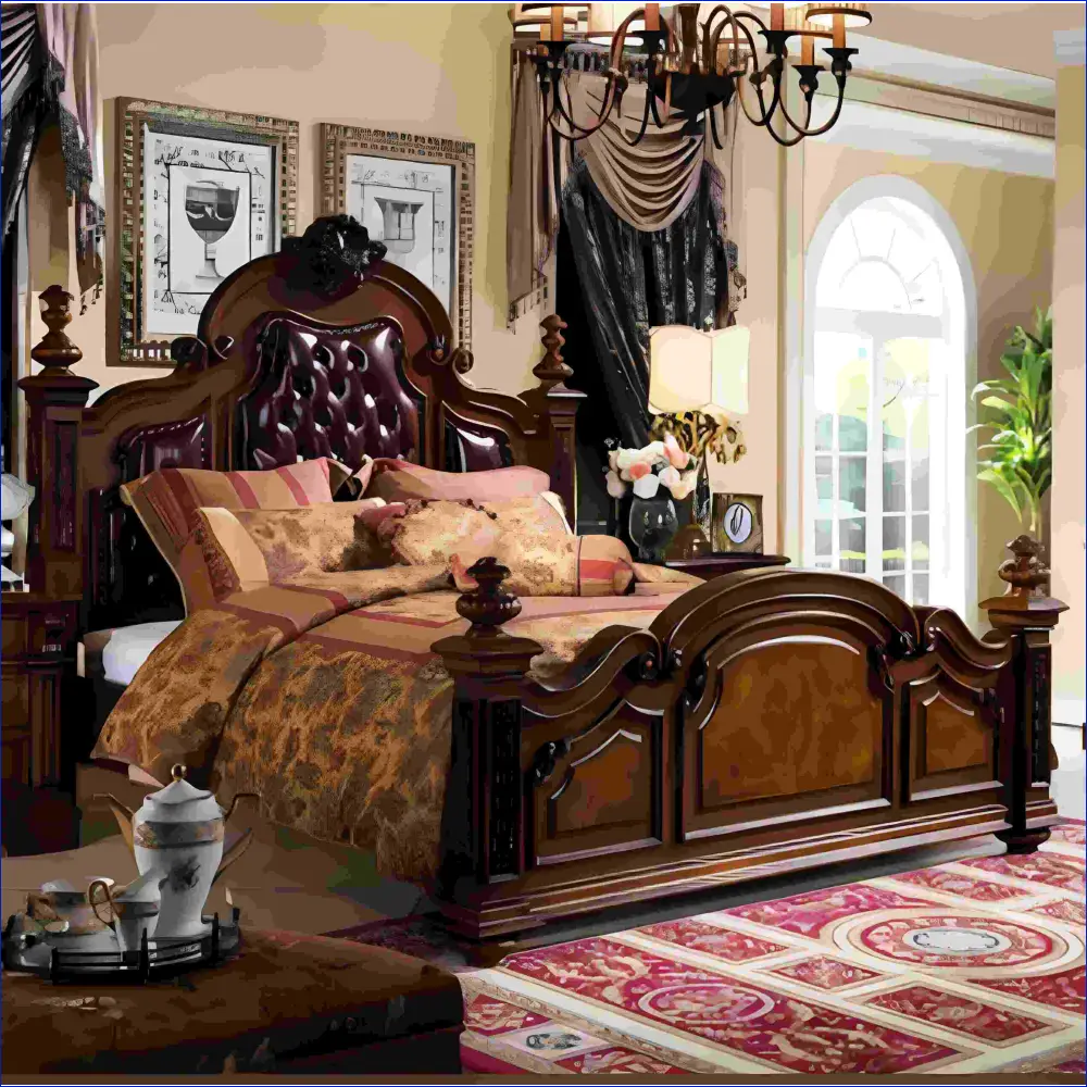 Ornate wooden bed with tufted leather headboard and decorative carved details.