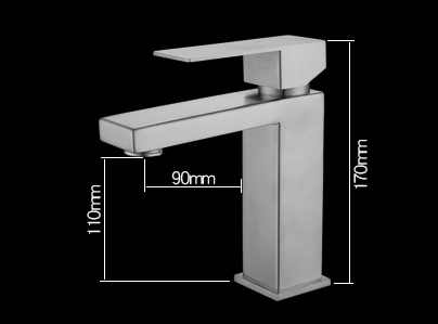 Modern square-shaped stainless steel four-way basin faucet with angular design and measurements.