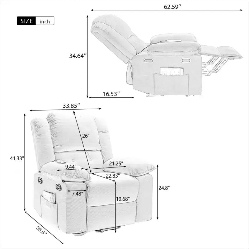 Reclining armchair with detailed dimensions for the 9-Massaging Recliner Power Lift Chair.