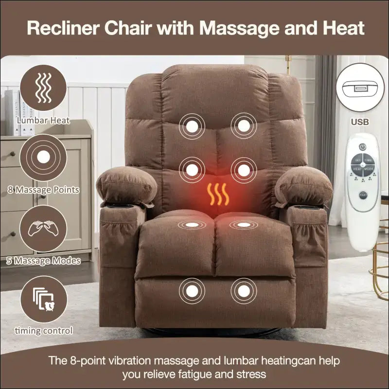 Plush brown Rocker Reclining Chair with built-in massage, heating, and USB Port from MacArthur’s Merch.