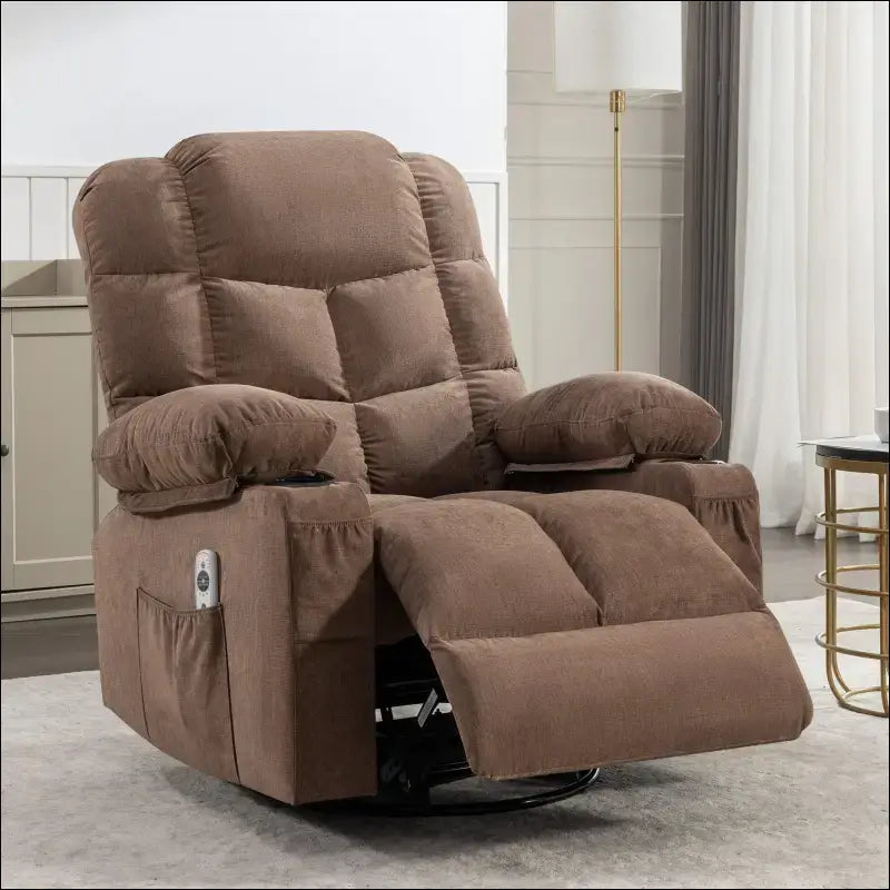 Plush brown Rocker Reclining Chair with massage, heating, and USB port, MacArthur’s Merch.