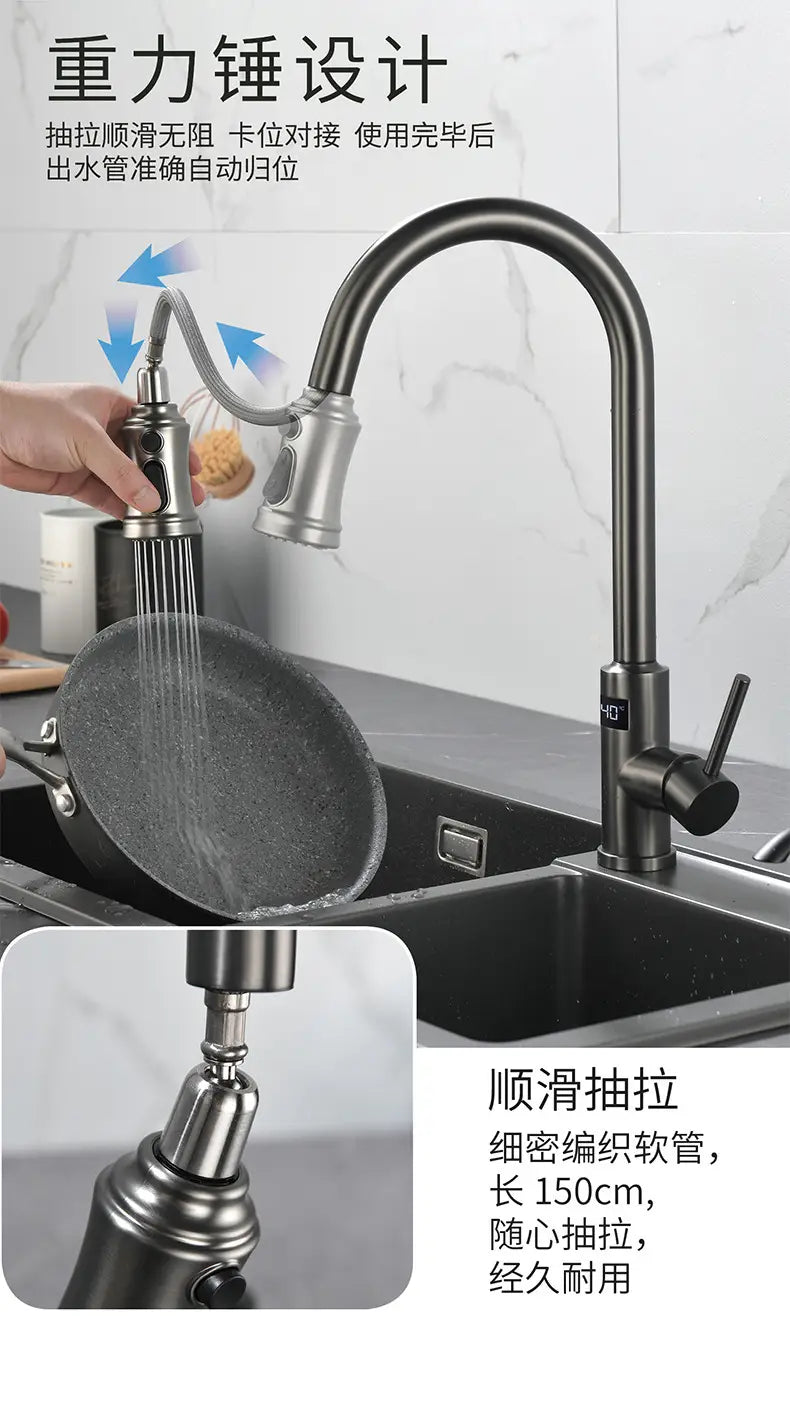 Kitchen faucet with flexible pull-down nozzle, featuring MacArthur’s Merch digital touch technology.