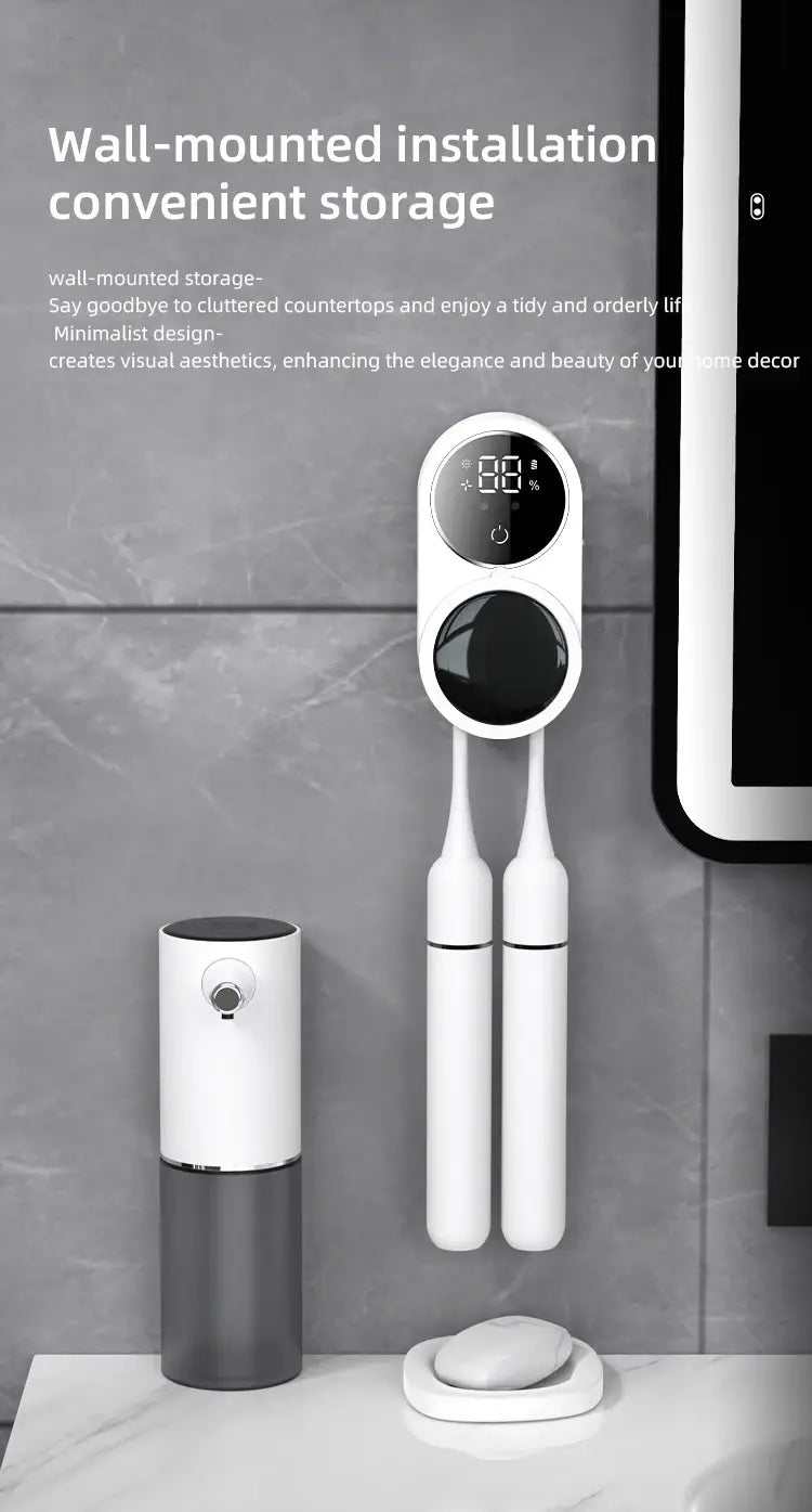 White electric toothbrush with digital display and wall-mount for disinfection sterilization sensor.