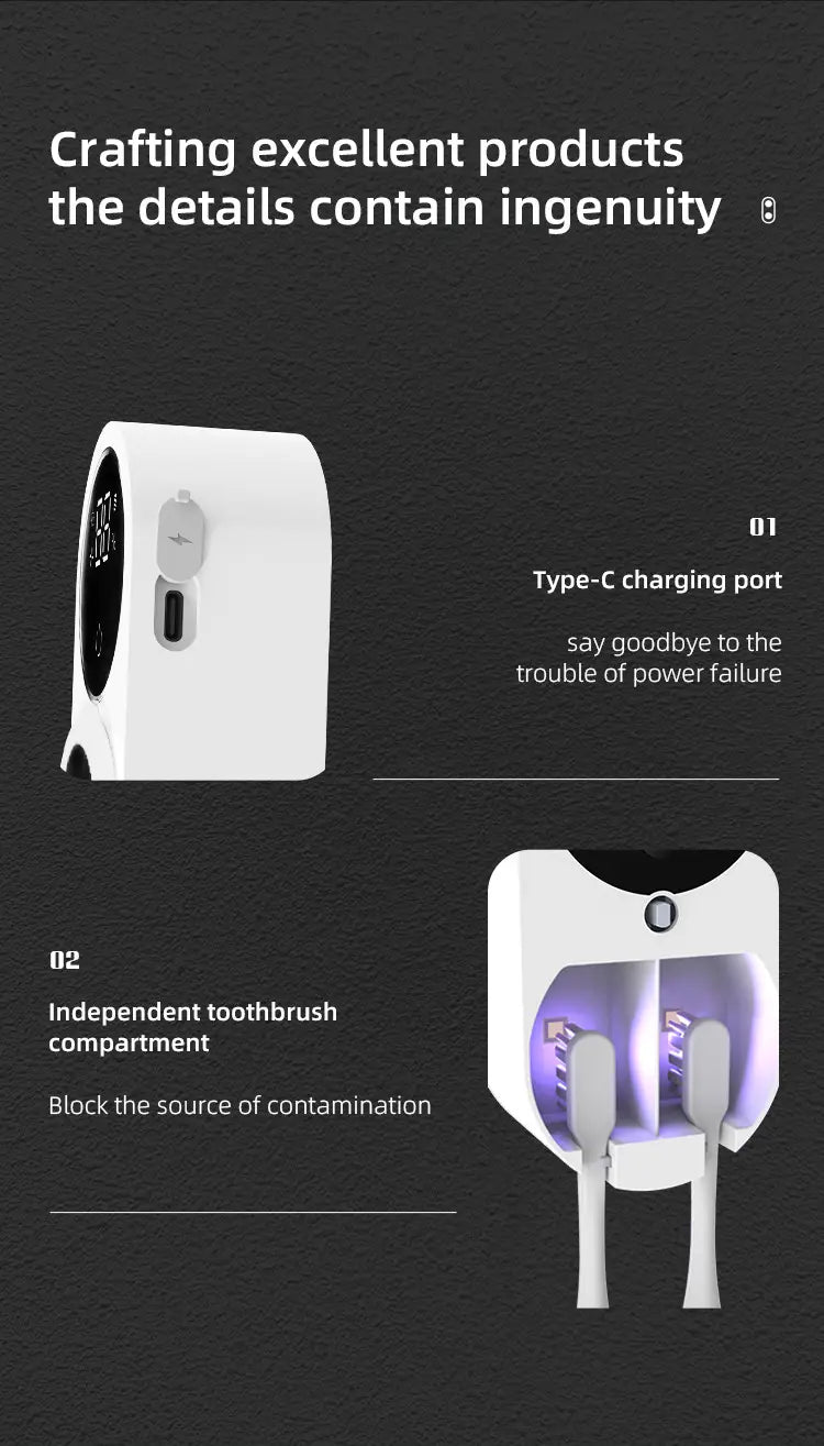 Toothbrush holder with white disinfection sterilization sensor and digital display features.