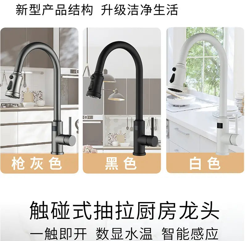 Kitchen faucets with pull-down sprayers in gray, black, and white at Macarthur’s Merch sale price.