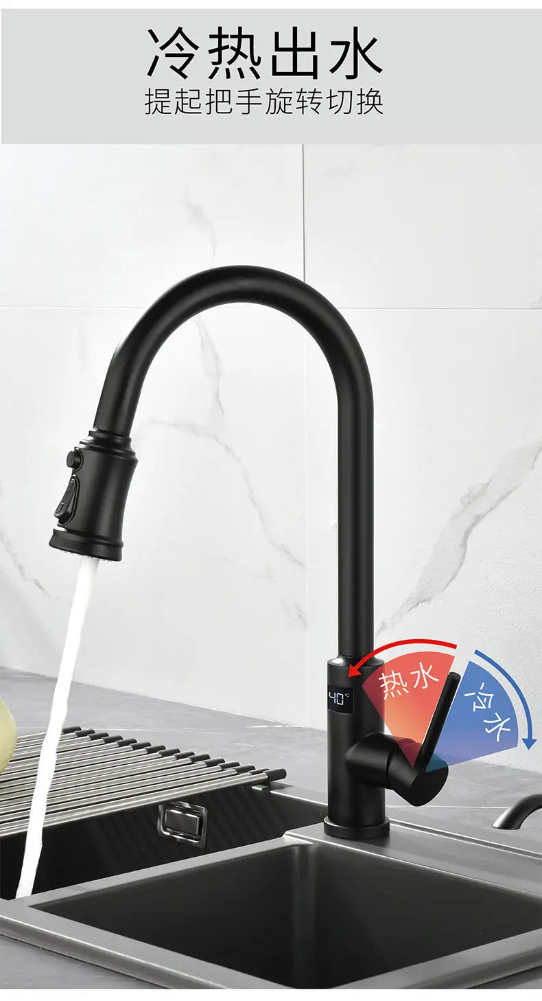 Black Kitchen Faucet with Pull-Down Sprayer and Digital Display from MacArthur’s Merch.