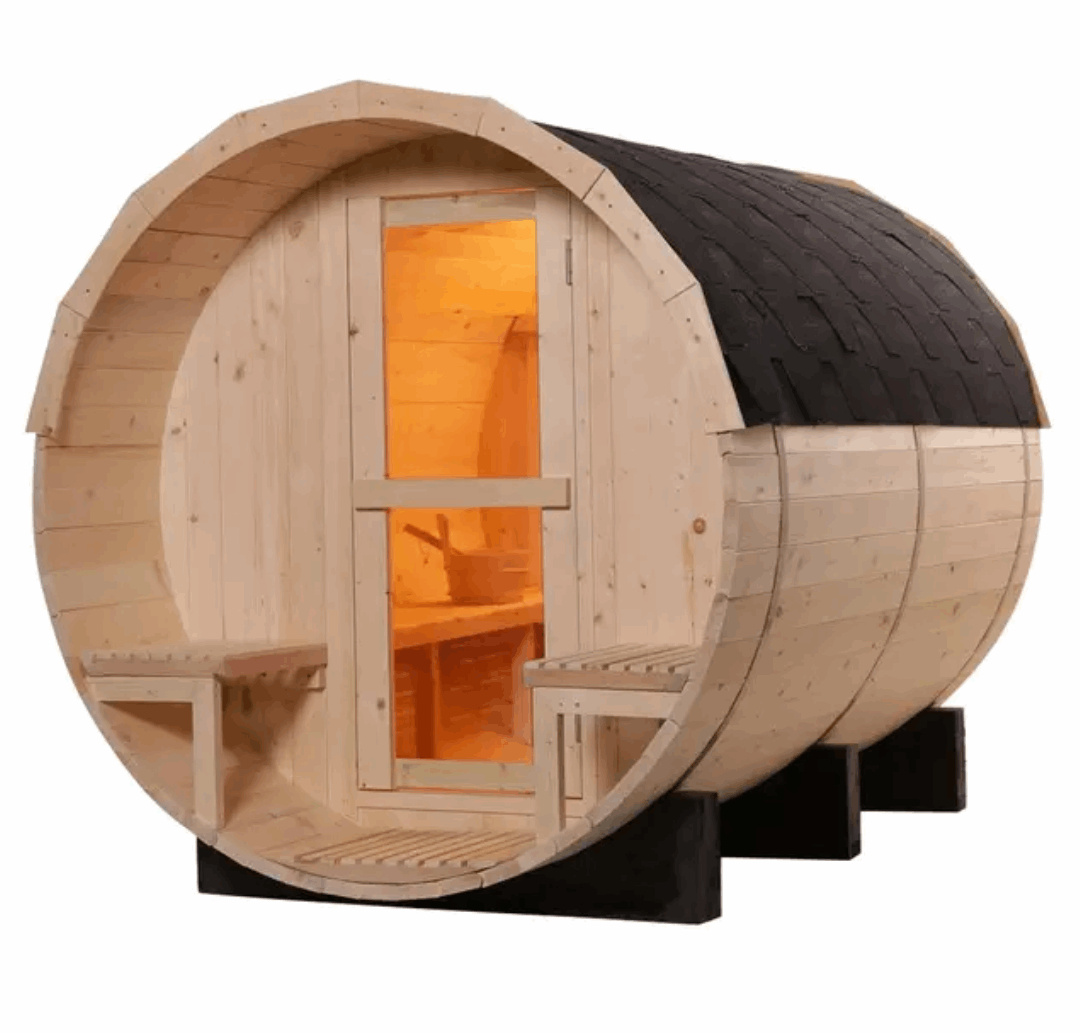 Cs - Outdoor 2-4 person Barrel Sauna.  Hemlock. 4.5 kw stove.