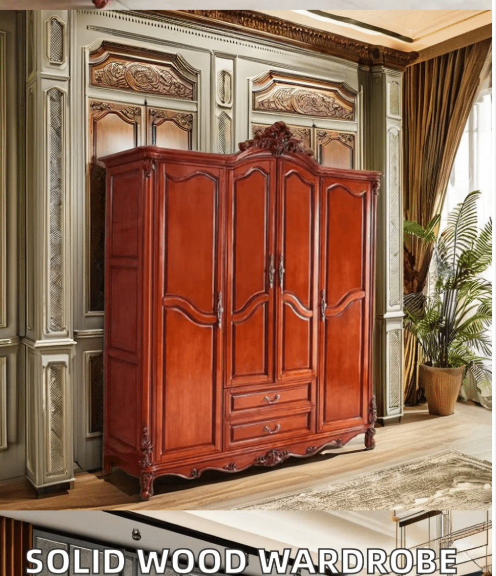 4 door 2 drawer American styled Armoire. Hand carved with 7 coats of Eco-friendly hand layered stain. - Handmade Ornate