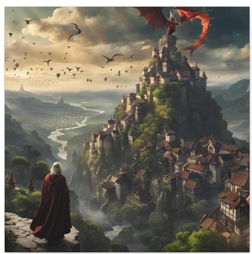 The wizard digital art print. Standing on a cliff looking down at a village