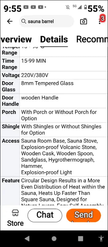 Product specifications page showing technical details and features for a sauna barrel.