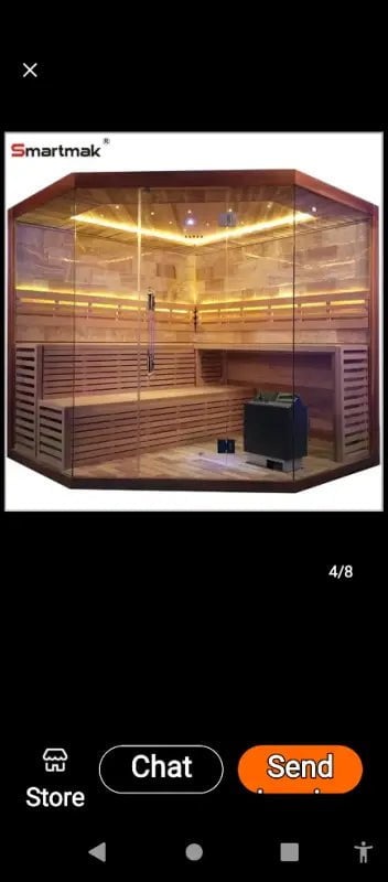 Modern indoor sauna with wooden slats and built-in lighting.