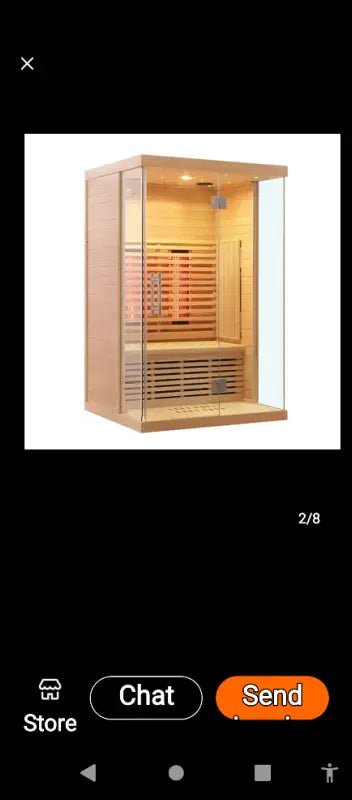 Modern wooden sauna with glass door and interior lighting.