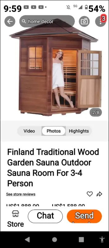 Traditional wooden outdoor sauna cabin with glass windows and a hip roof.