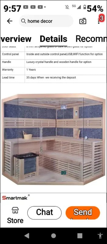 Corner sauna unit with glass panels and wooden slat benches.