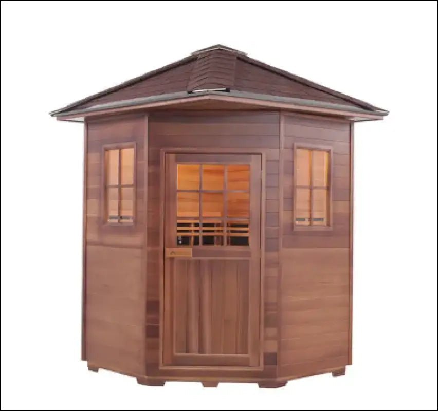 Corner-style wooden sauna with windows and a door.