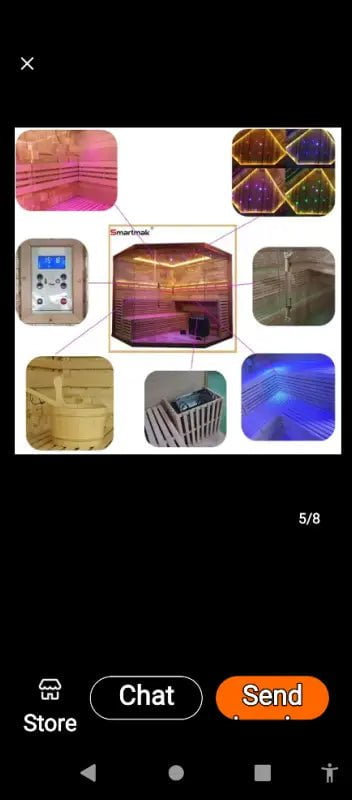 Collage of LED sauna photos showing different colored lighting and wooden interior features.