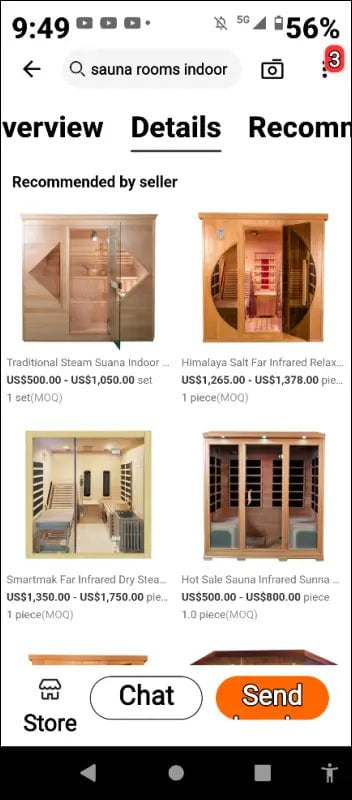 Collection of indoor sauna room product listings shown in a mobile app interface.