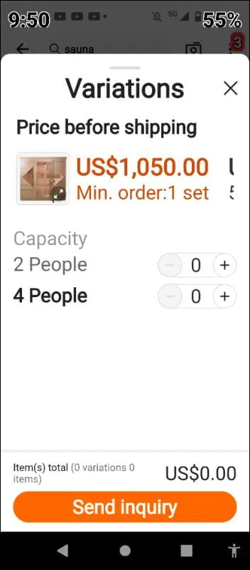 Product listing showing a $1,050 price with capacity options for 2 or 4 people.