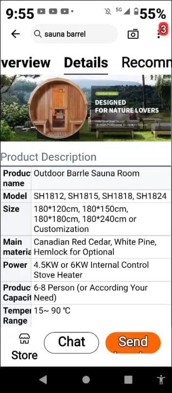 Wooden barrel-shaped sauna room with a glass door.